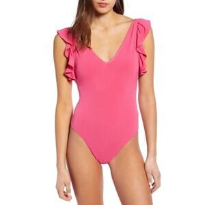 Hot Pink Magenta Bodysuit Ruffle Flutter Sleeve Thong  Women's 1X 2X 4X
